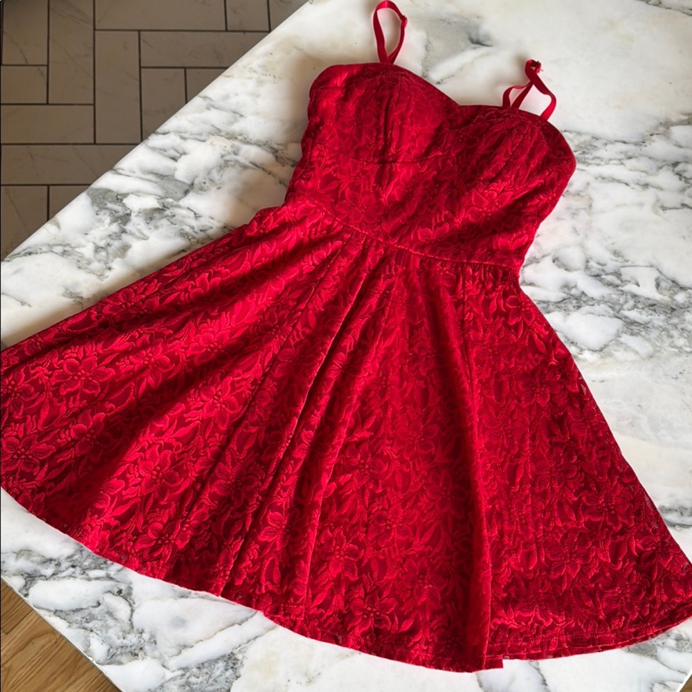 Lily Rose Red Lace Fit & Flare Cocktail Dress XS Spaghetti Strap Party